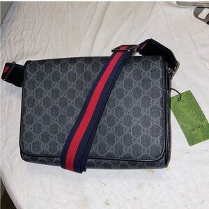 Monogram  Canvas NON DESIGNER Black Messenger Bag with Red and Blue Strap